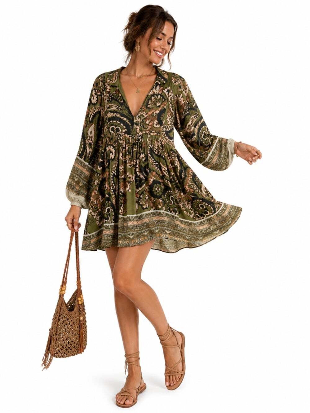 Free People Say You Love Me Dress Small Green Paisley Boho Mini Dress